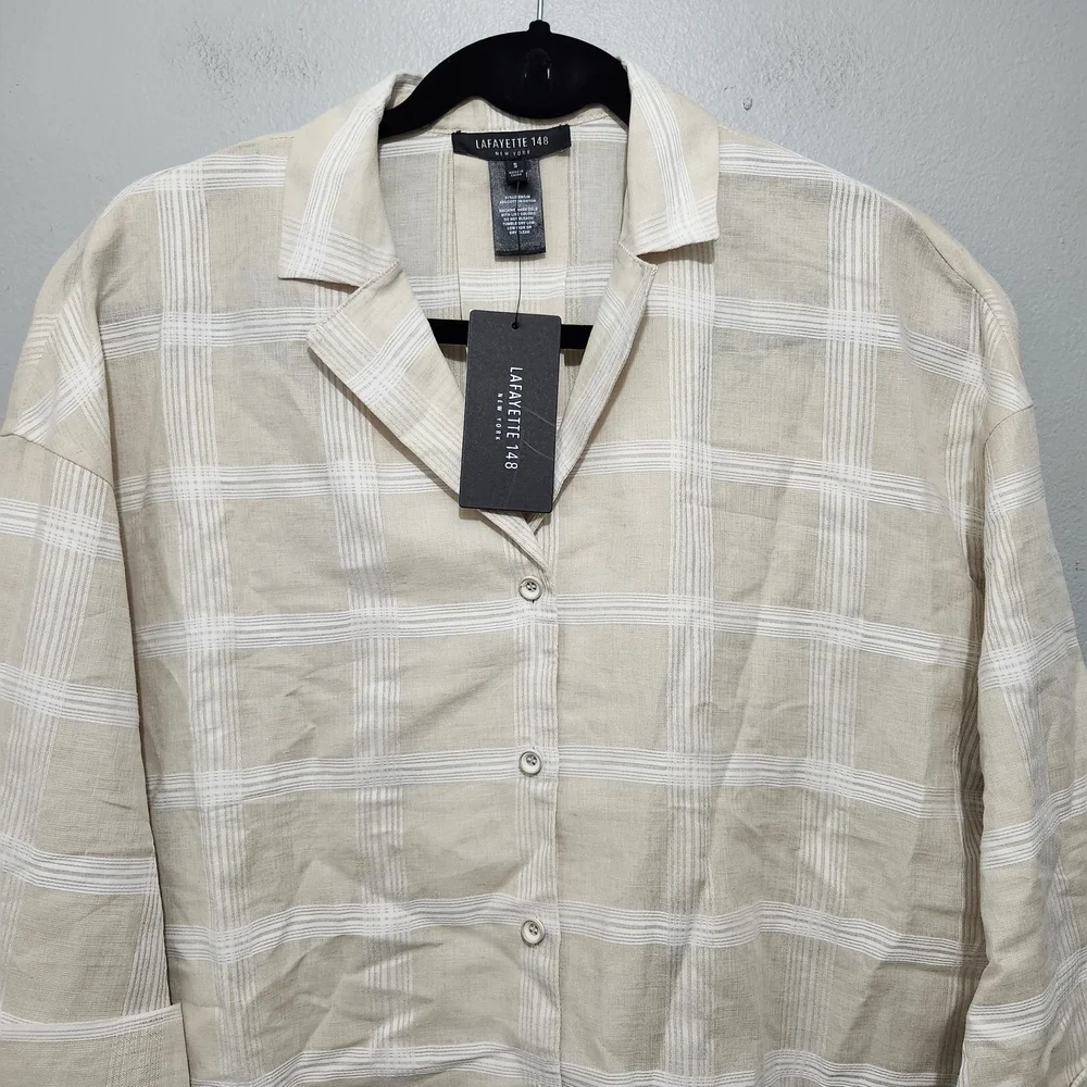 Lafayette 148 New York Cream and White Linen Blend Button Up Shirt Size S - Picture 2 of 5